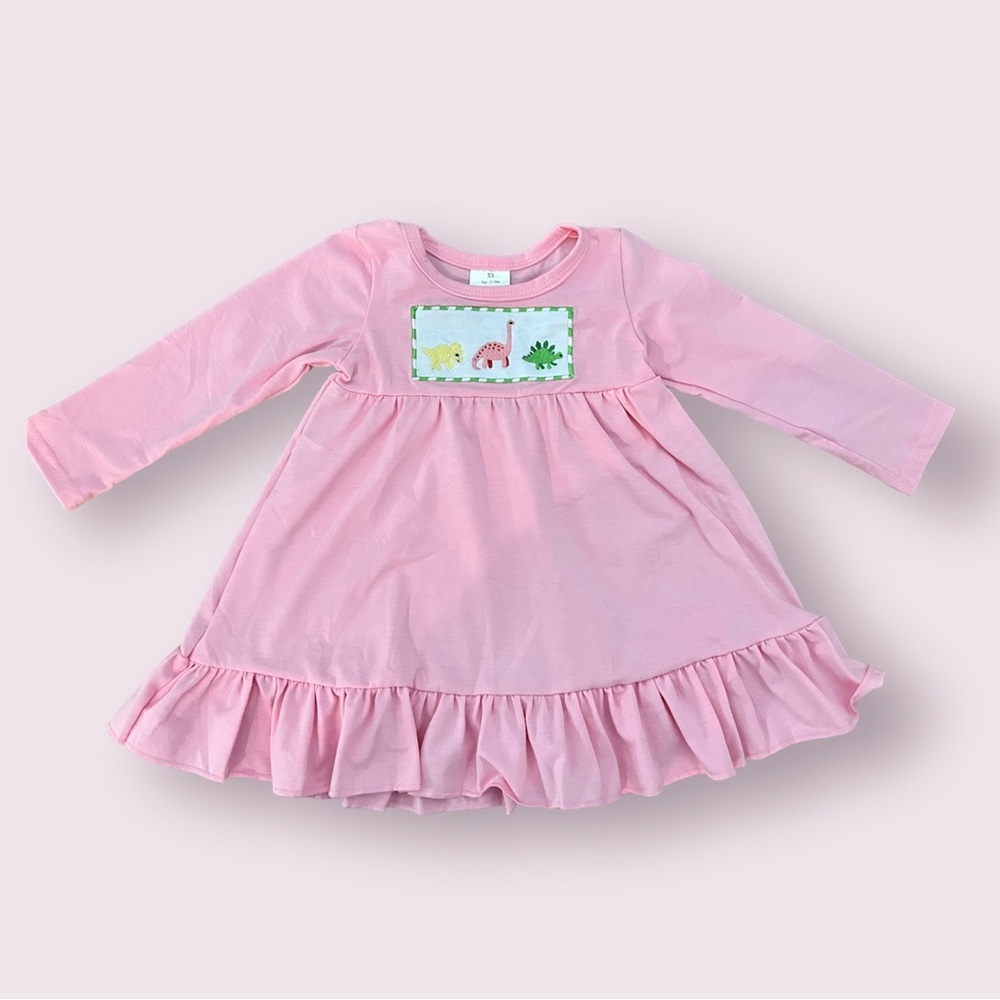 Girls Pink Dinosaur Dress, Long Sleeved